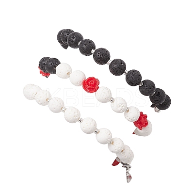 3Pcs Halloween Theme Natural & Synthetic Lava Rock Round Beads Stretch Bracelets BJEW-MZ00185-1