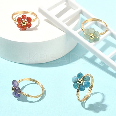 4Pcs 4 Style Natural Mixed Gemstone Beaded Flower Finger Rings Set RJEW-TA00074-1