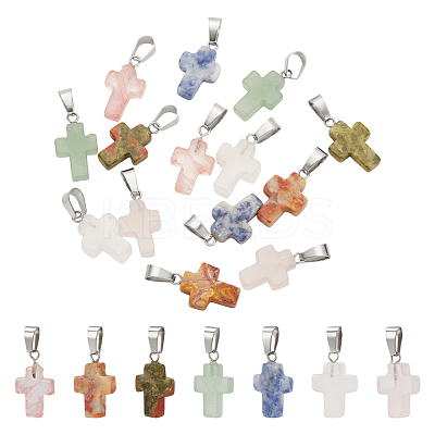 14Pcs 7 Styles Gemstone Cross Pendants G-UN0001-29-1