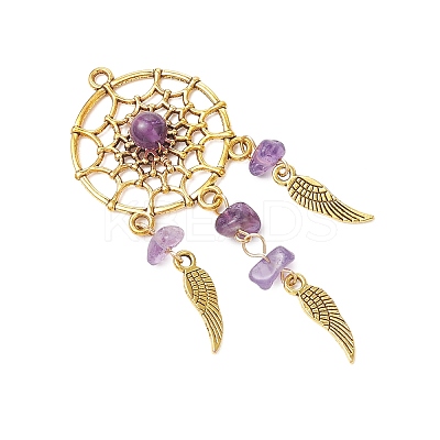 9Pcs 9 Styles Natural & Synthetic Mixed Chip Stone Alloy Woven Web/Net with Feather Big Pendants PALLOY-JF04033-1