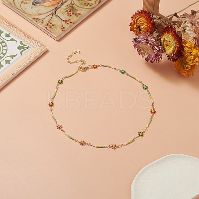 Handmade Brass Flower Link Chain Necklace for Women NJEW-JN04266-1