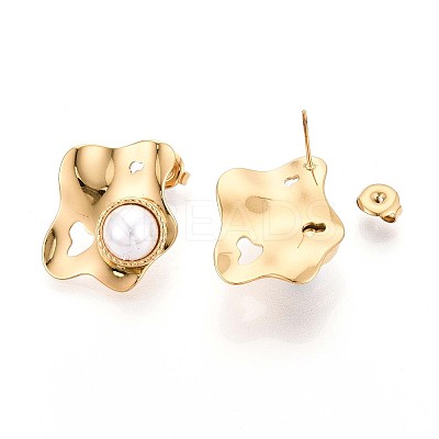 304 Stainless Steel ABS Plastic Imitation Pearl Nuggets Stud Earrings EJEW-N059-01G-1