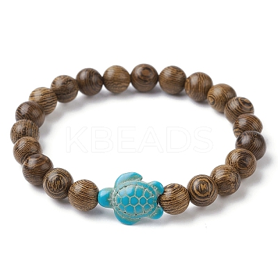 Natural Wood Round & Synthetic Turquoise Turtle Beaded Stretch Bracelet for Women BJEW-JB09699-06-1
