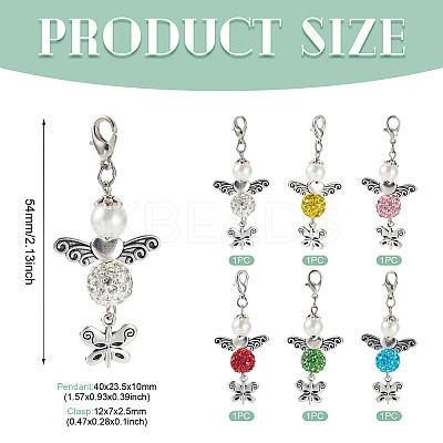 6Pcs 6 Colors Angel & Butterfly Alloy Beaded & Polymer Clay Pave Rhinestone Beaded Pendant Decoration HJEW-TA00339-1