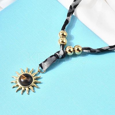 304 Stainless Steel with Natural Tiger Eye Sun Pendant Leopard Print Polyester Cord Necklaces for Women NJEW-A063-06G-1