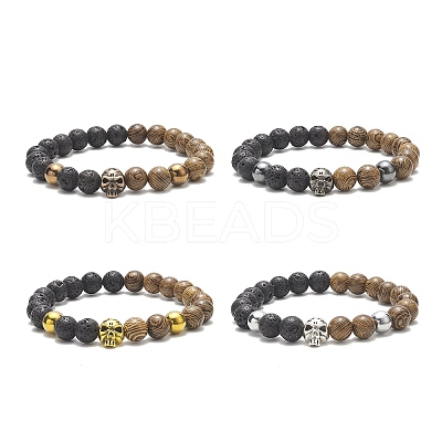 Natural Wenge Wood & Lava Rock Beaded Stretch Bracelet Sets with Synthetic Hematite Beads BJEW-JB09213-1