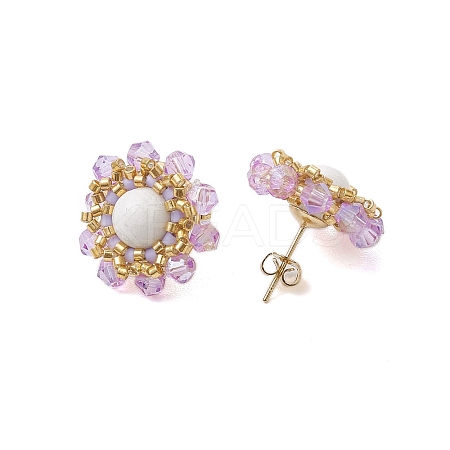 Flower Glass Seed Beaded with Natural Mashan Jade Stud Earrings for Women EJEW-MZ00208-03-1