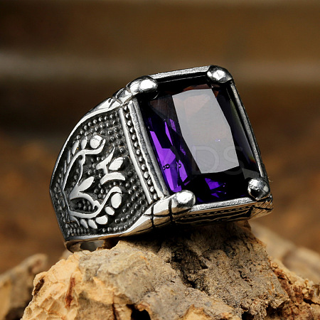 316L Stainless Steel & Cubic Zirconia Men's Vintage Carved Finger Rings FS-WG82D33-07-1