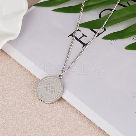 201 Stainless Steel Constellation Coin Pendant Necklace with Alloy Chains ZODI-PW0001-032J-1