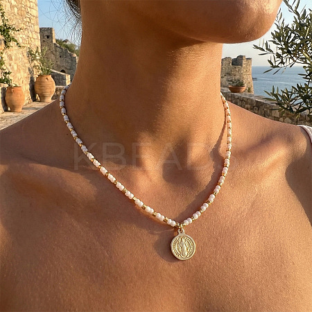 304 Stainless Steel Saint Benedict Medal Pendant Glass and Brass Beaded Short Necklaces for Women Daily Wear AB8901-1