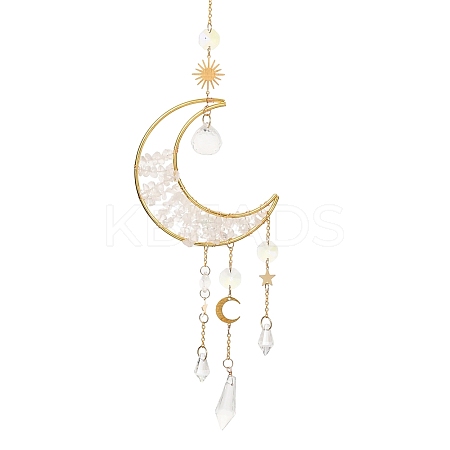 Wire Wrapped Natural Quartz Crystal Chip & Brass Moon Pendant Decorations HJEW-JM01504-04-1