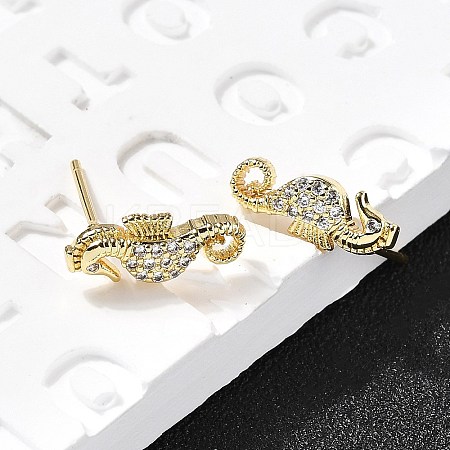 Sea Horse Brass Micro Pave Cubic Zirconia Ear Studs EJEW-D304-38G-1