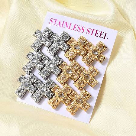 6 Pairs 304 Stainless Steel Cubic Zirconia Cross Stud Earrings EJEW-P330-01A-1