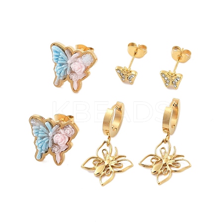 Ion Plating(IP) 3Pairs 3 Styles 304 Stainless Steel Butterfly Earrings EJEW-A114-05G-1