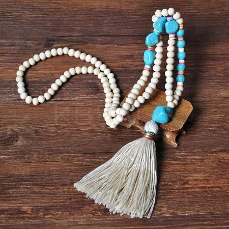 Wood & Synthetic Turquoise Beaded Nuggets Mala Necklaces with Tassel for Women FS-WGC7FA0-03-1