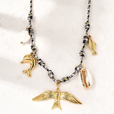 Summer Beach 304 Stainless Steel & Electroplated Natural Shell Pendant Adjustable Polyester Cord Necklaces for Women NJEW-F348-01A-G-1