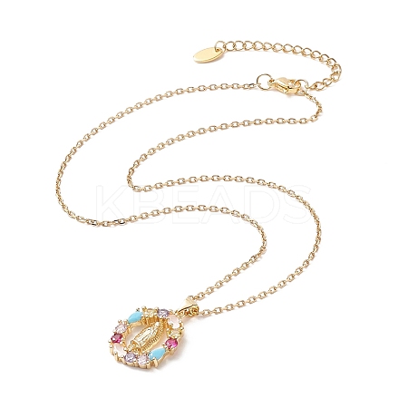 Colorful Cubic Zirconia Oval with Virgin Mary Pendant Necklace NJEW-JN04207-1
