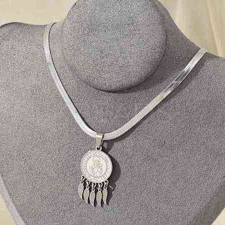 201 Stainless Steel Clear Cubic Zirconia Flat Round Virgin with Feather Pendant Necklaces NJEW-H055-04P-1