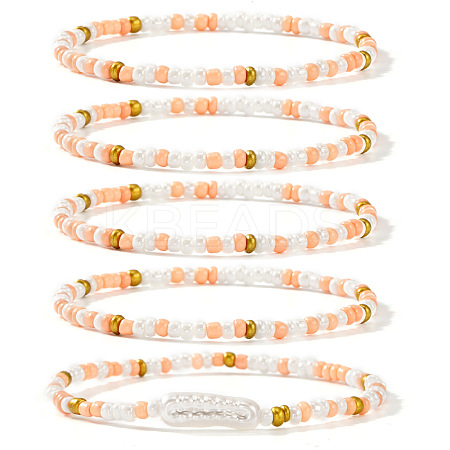 5Pcs Shell & Glass Seed Bead Stretch Bracelet Sets IY4629-1-1