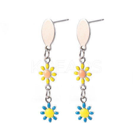 Flower Enamel Long Dangle Stud Earrings EJEW-N049-03A-1