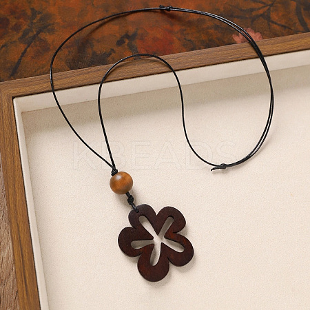 Wood Pendant Black Wax Cord Long Necklaces for Women FS-WG36920-06-1
