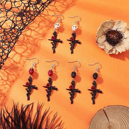 3 Pairs 3 Colors Hallowmas Alloy Dyed Synthetic Turquoise Dangle Earrings EJEW-JE06483-1