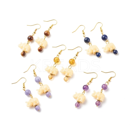 Natural Gemstone & Resin Elephant Dangle Earrings EJEW-JE04981-02-1