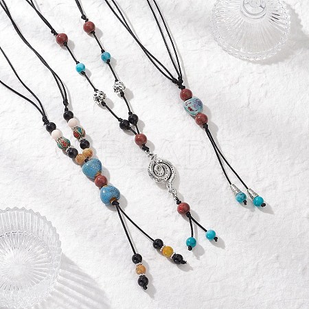 3Pcs 3 Styles Retro Glass & Porcelain & Alloy Snake Adjustable Nylon Cord Y Necklaces for Women NJEW-JN05360-1