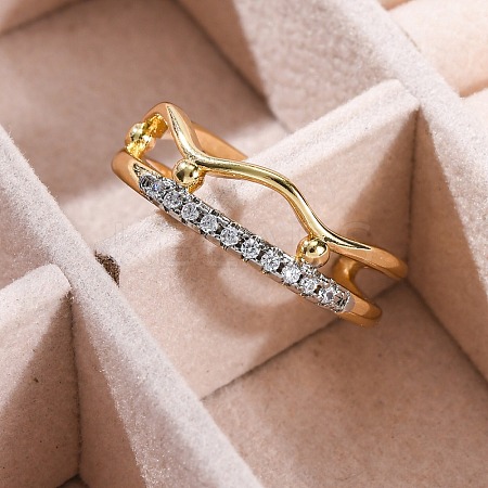 Brass Micro Pave Clear Cubic Zirconia Cuff Finger Rings for Women RJEW-C116-14G-1