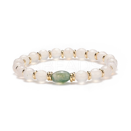 Natural Moss Agate Oval & White Agate Beaded Stretch Bracelet BJEW-JB08696-1