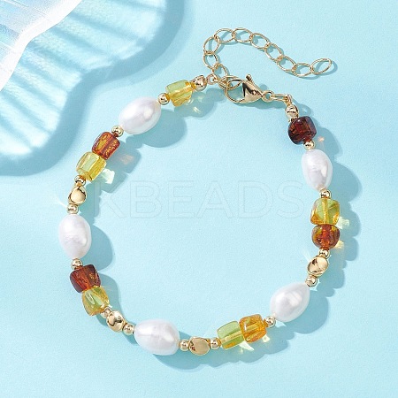Natural Amber & Cultured Freshwater Pearl Beaded Bracelets for Women BJEW-JB13646-1
