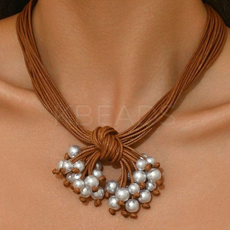 Bohemian Style Round Plastic Pearl & Resin Pendant Multi-Strand Waxed Cord Necklaces with Alloy End Chains FS-WG9073E-01-1