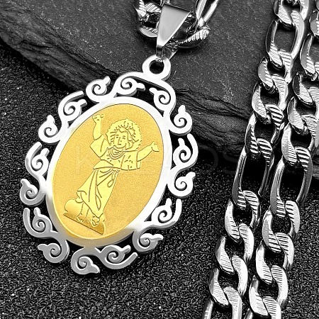 Oval with Virgin Pattern 201 Stainless Steel Pendant Necklaces for Men Women LS-NJEW-K283-22G-1