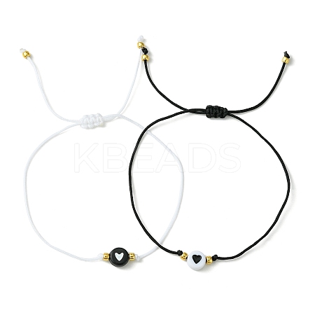 2Pcs 2 Color Acrylic Heart & Glass Seed Braided Bead Bracelet Set BJEW-JB09801-1