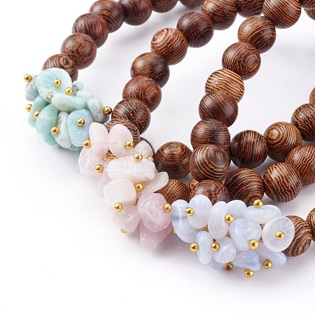 Round Natural Wood Beads Stretch Bracelets Sets BJEW-JB06000-1