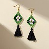Glass Seed Braided Rhombus with Tassel Dangle Earrings EJEW-MZ00028-2