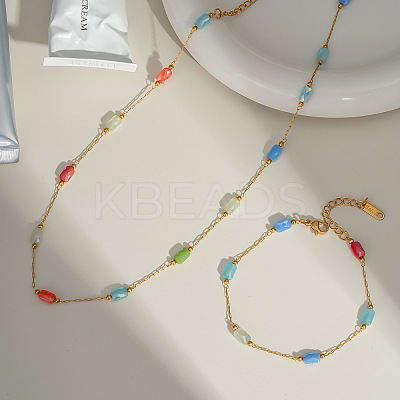 Stainless Steel Glass Rectangle Link Chain Bracelets & Necklaces Sets for Women HD8734-1-1