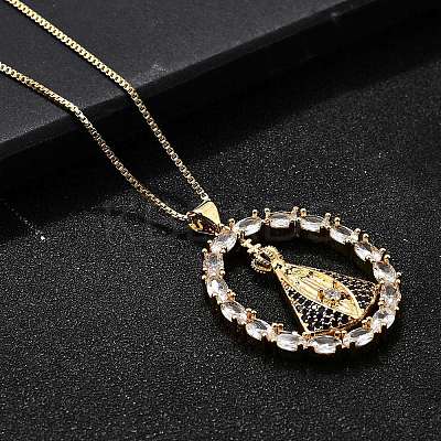 Brass Clear & Blue Cubic Zirconia Nossa Senhora Aparecida Virgin Pendant Necklaces for Women NJEW-U039-01A-G-1