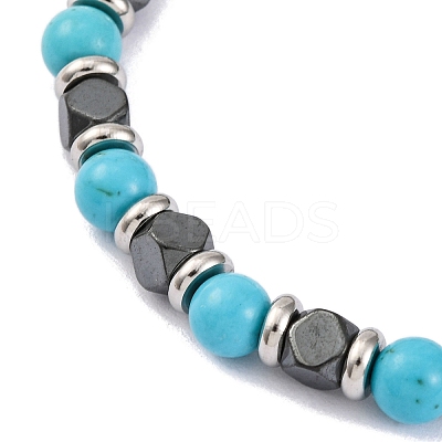 Synthetic Turquoise & Magnetic Synthetic Hematite Round Beaded Bracelet X-BJEW-P339-02P-10-1