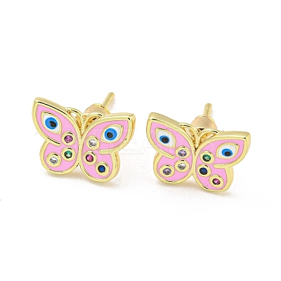 Butterfly with Evil Eye Real 18K Gold Plated Brass Stud Earrings EJEW-L269-098G-02-1
