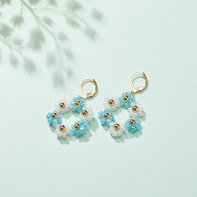 Glass Seed Braided Flower Dangle Leverback Earrings EJEW-JE04998-1