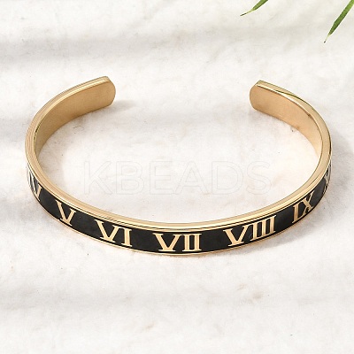 304 Stainless Steel Black Enamel Roman Numerals Open Cuff Bangles for Women SA-CBAC920-14G-1