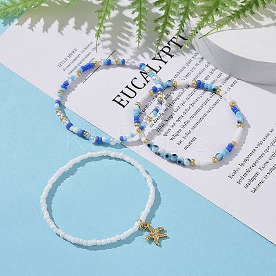 3Pcs 3 Style Glass Seed & ABS Plastic Pearl & Evil Eye Beaded Stretch Bracelets Set BJEW-JB09358-1