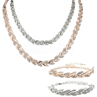 Alloy Crystal Rhinestone Leaf Link Chain Necklaces & Bracelets Sets SJEW-YWC0002-01RG-1