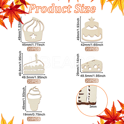100Pcs 5 Styles Unfinished Wooden Cutouts WOOD-OC0002-86-1