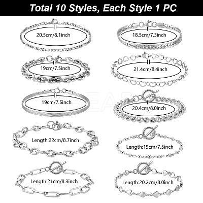 10Pcs 10 Styles Stainless Steel Chain Bracelets Kits BJEW-PH0004-48-1