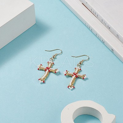 Japanese Seed Braided Cross Dangle Earrings EJEW-MZ00040-1