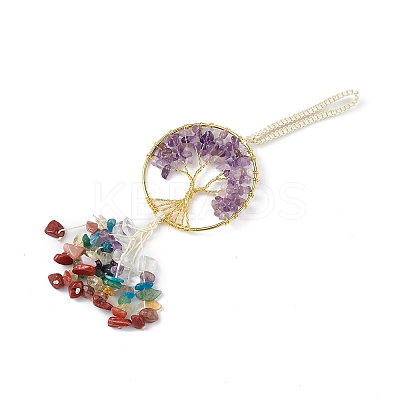Natural Amethyst Tree of Life with Mixed Gemstone Chips Tassel Big Pendant Decorations HJEW-H057-03G-A06-1