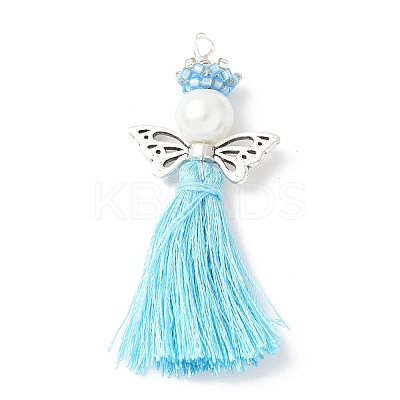 Glass Pearl Round Beaded with Polycotton Tassel Big Pendants PALLOY-MZ00612-1