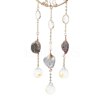 Natural Fluorite Chips Beaded Moon with Tree of Life Hanging Sun Catchers HJEW-M004-12-1